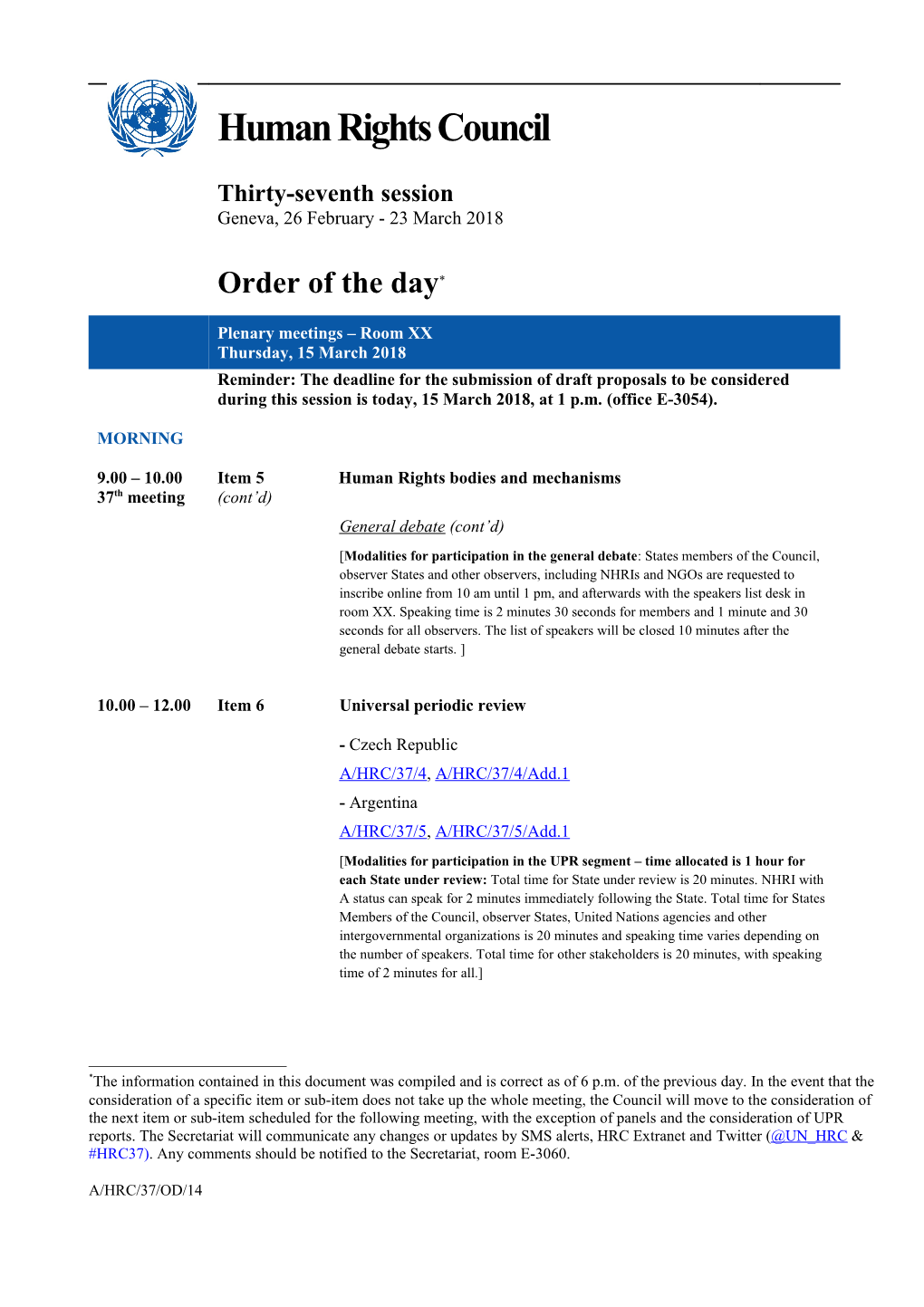 Order of the Day, Thursday 15 March 2018