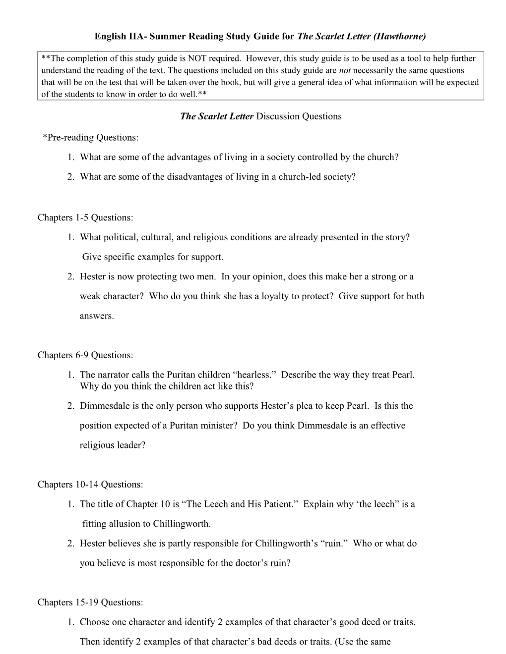 English IIA- Summer Reading Study Guide for the Scarlet Letter (Hawthorne)