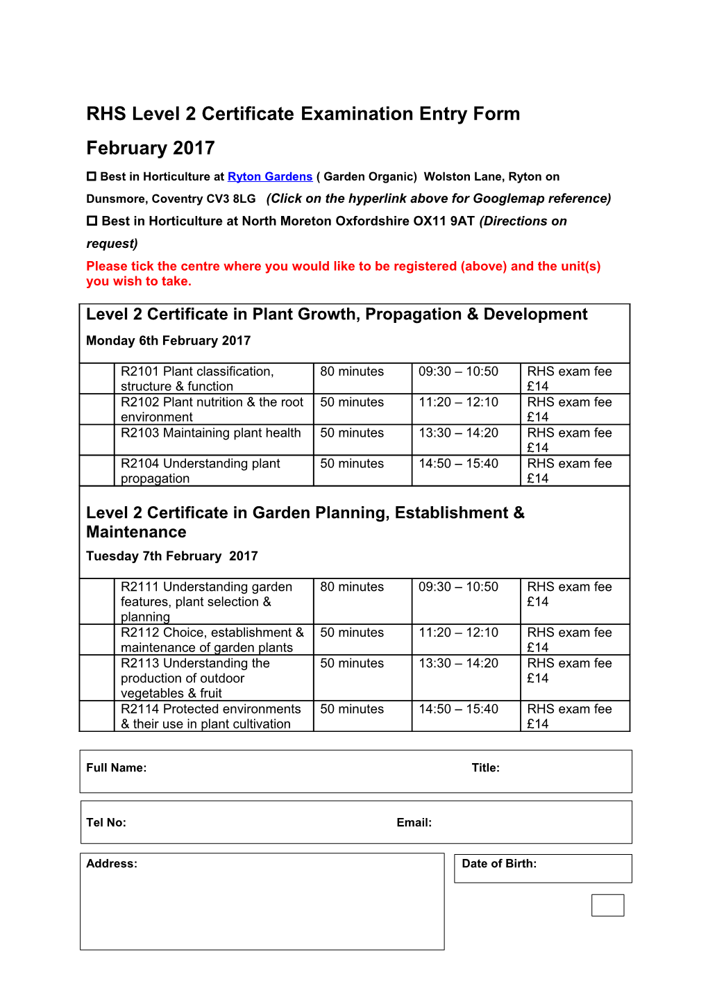 RHS Level 2 Certificateexamination Entry Form