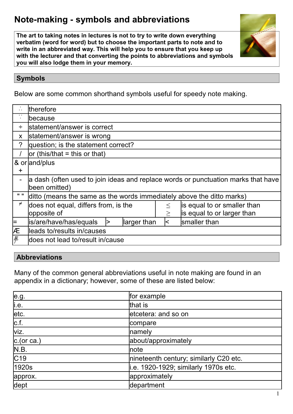 Note Taking - Symbols and Abbreviations