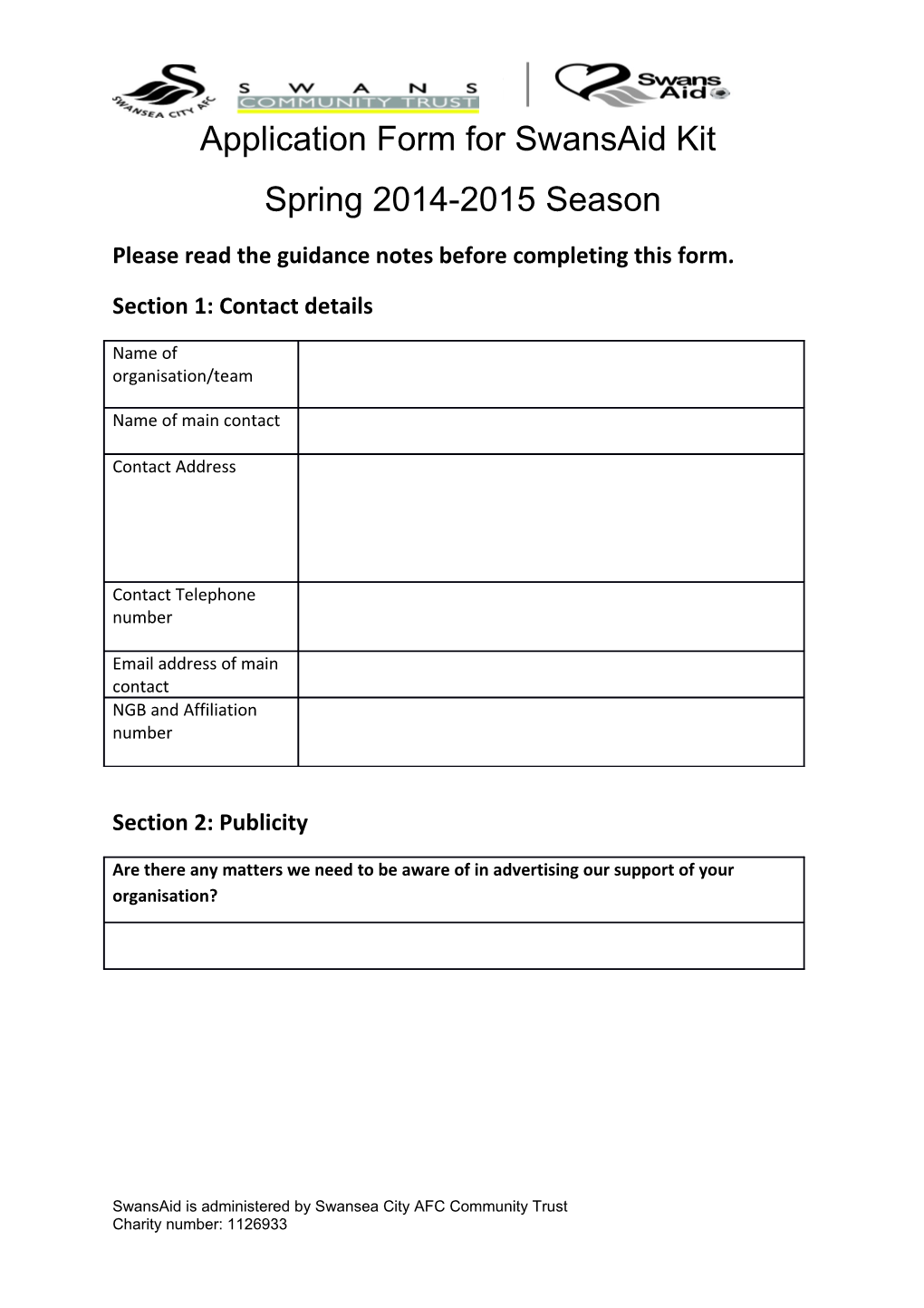 Swansaid Funding Application Form/Autumn 2013