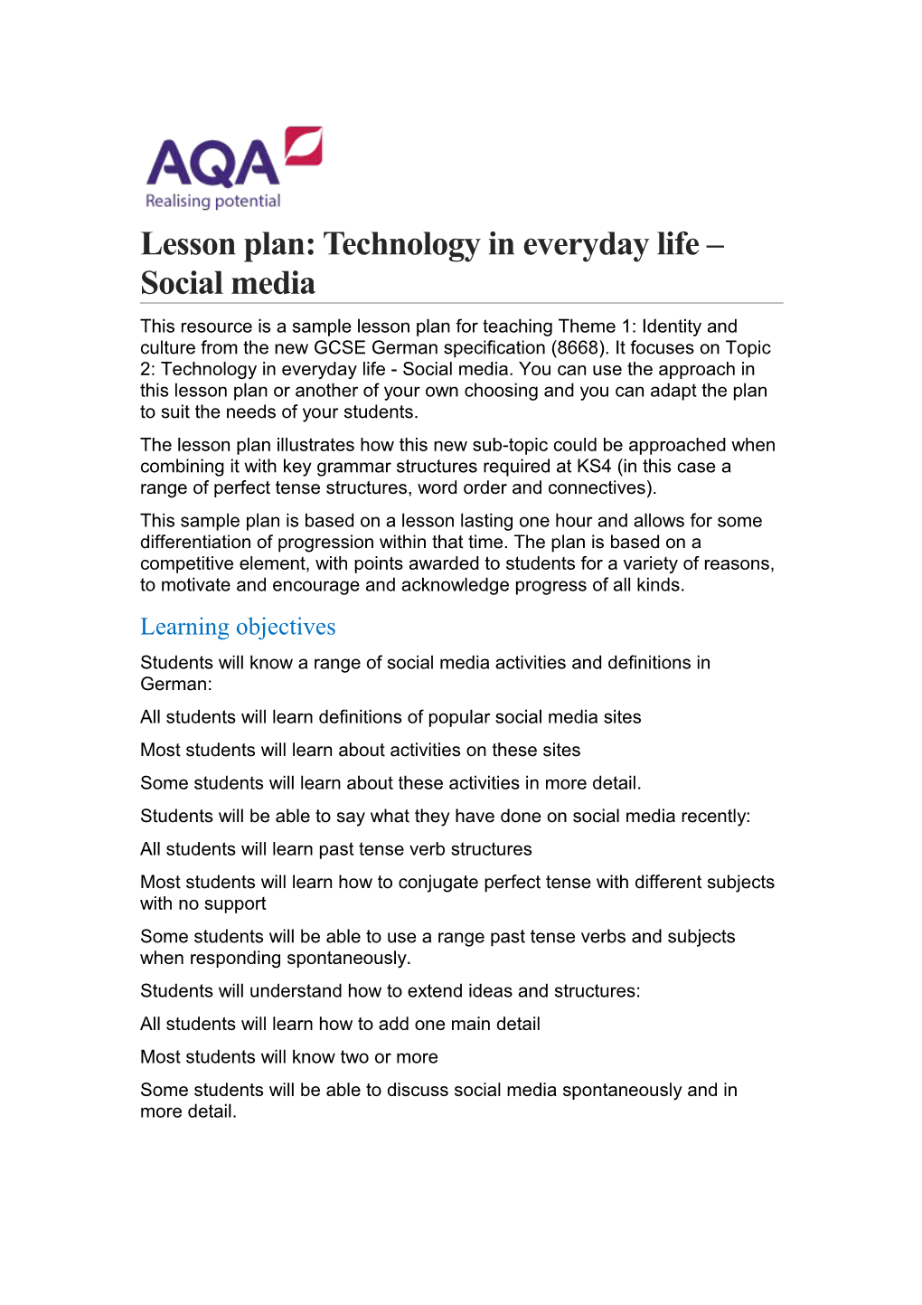 Lesson Plan: Technology in Everyday Life Social Media