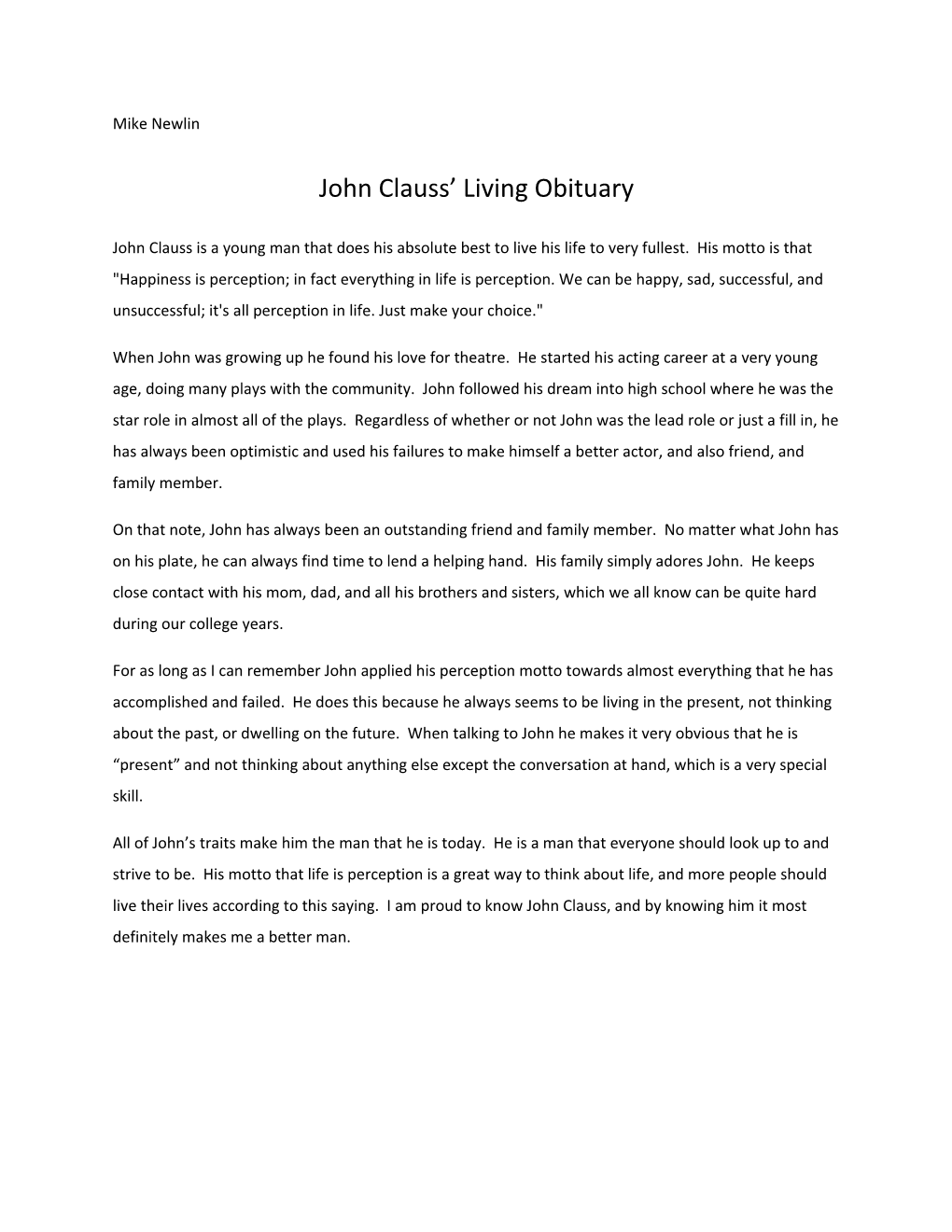 John Clauss Living Obituary