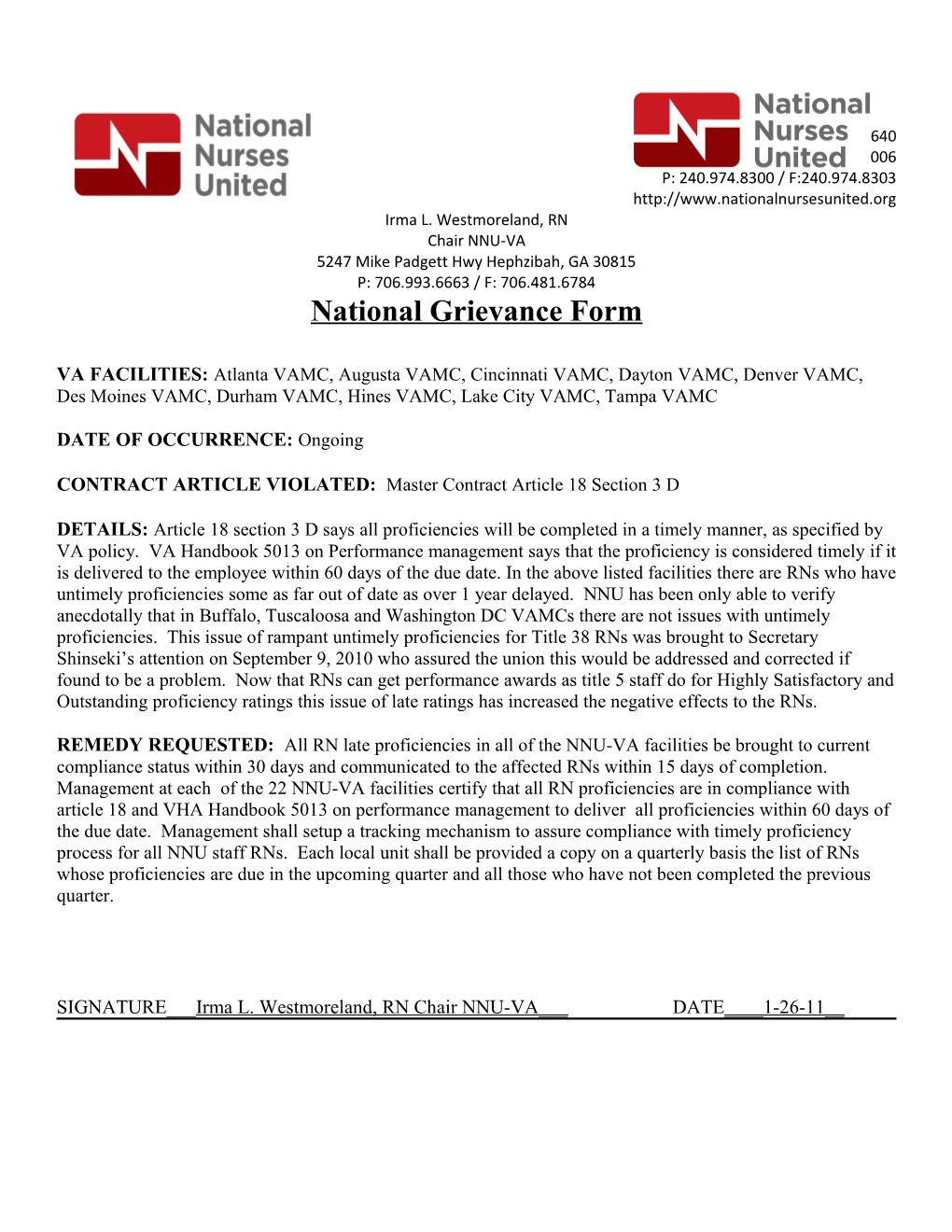 National Grievance Form