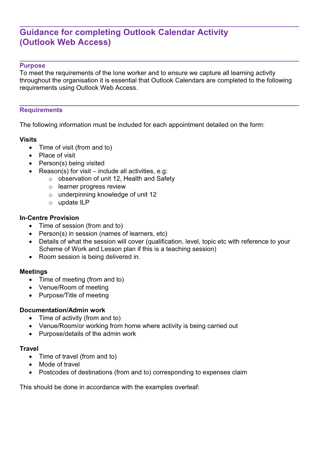 Guidance for Completing Outlook Calendar Activity