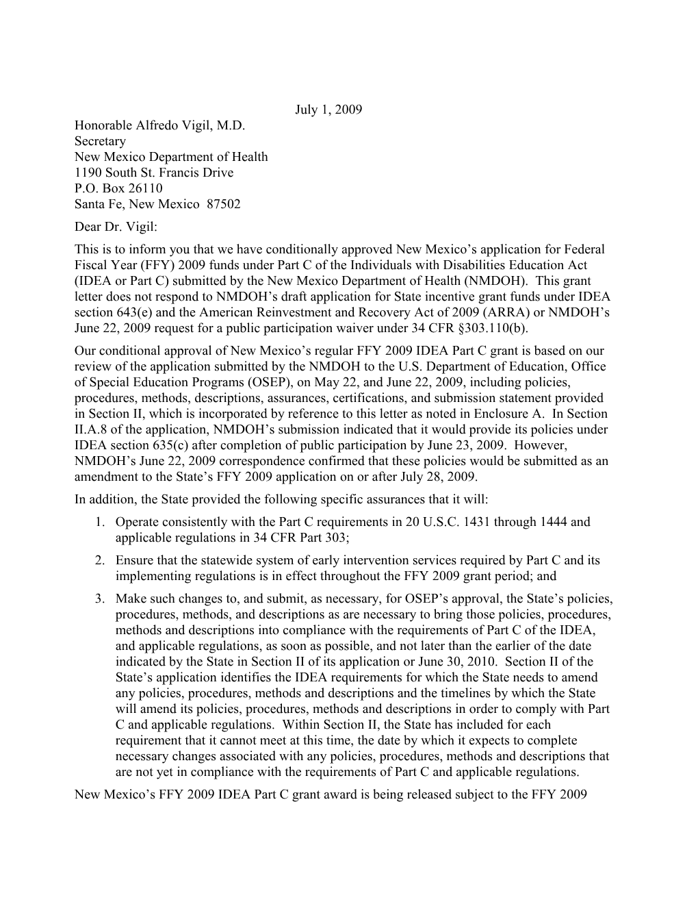 New Mexico IDEA 2009 Part C Grant Award Letter (Msword)