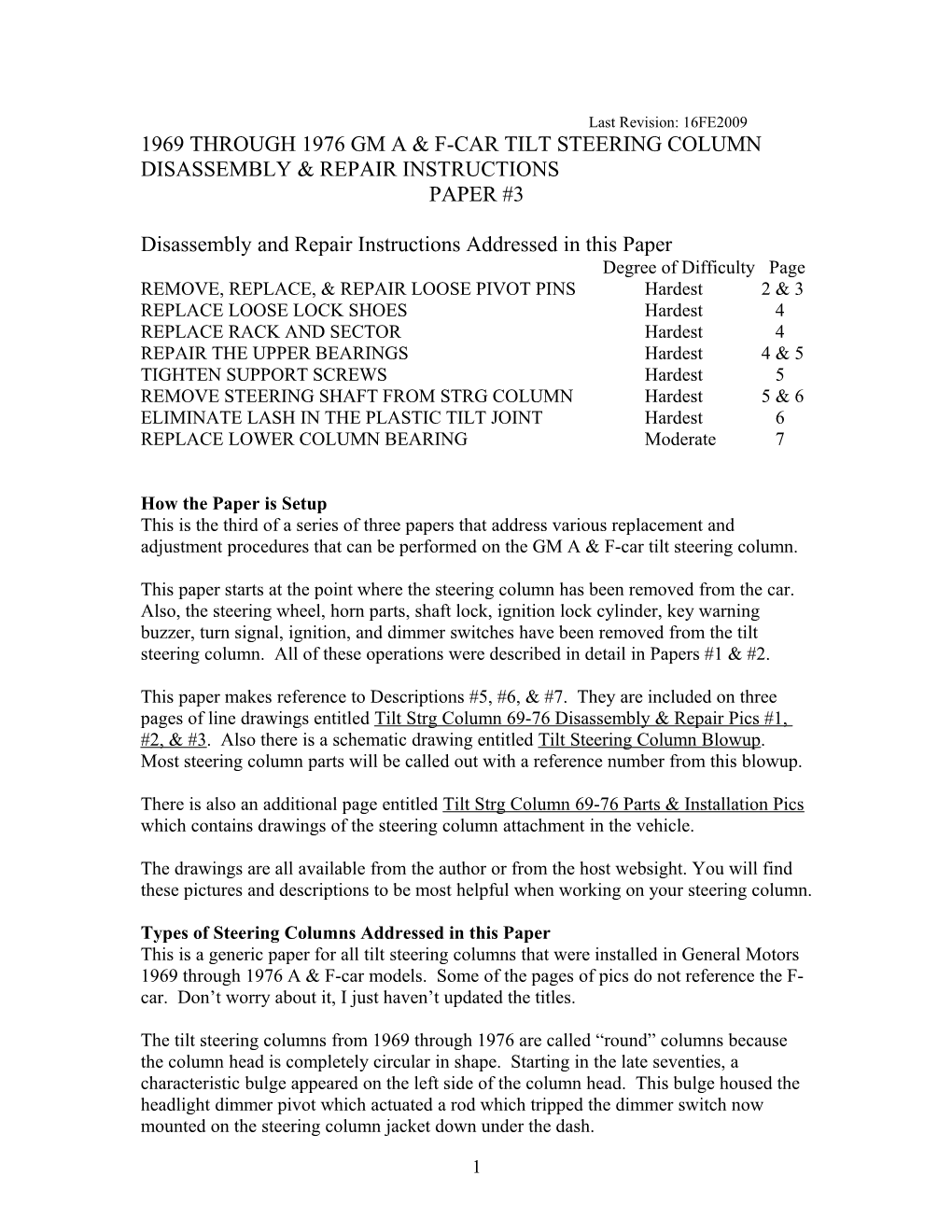 1969 Through 1976 Gm a & F-Car Tilt Steering Column Disassembly & Repair Instructions