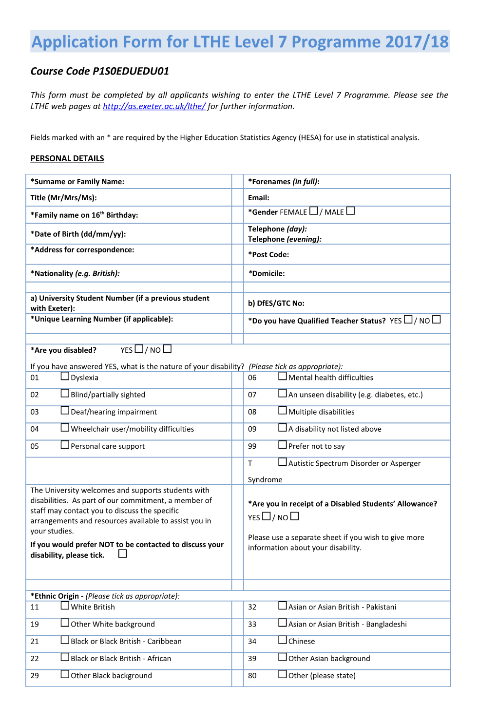 Application Form for LTHE Level 7 Programme 2017/18