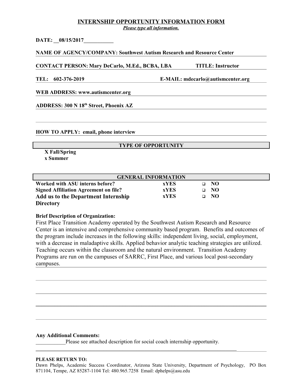 Internship Opportunity Information Form