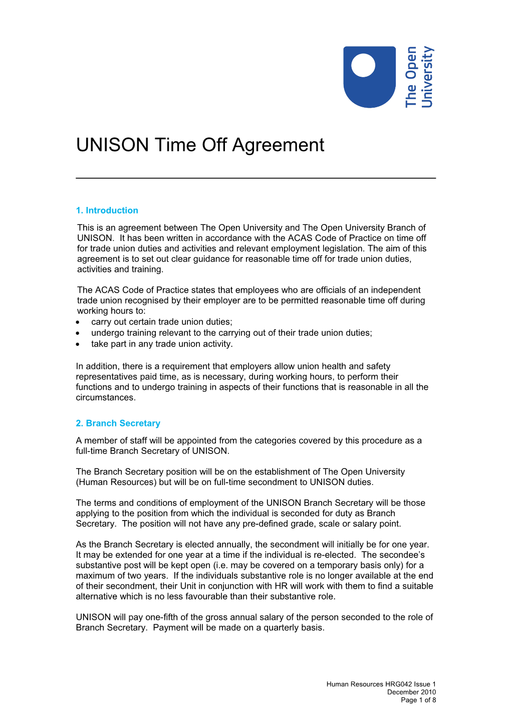 UNISON Time Off Agreement HRG042