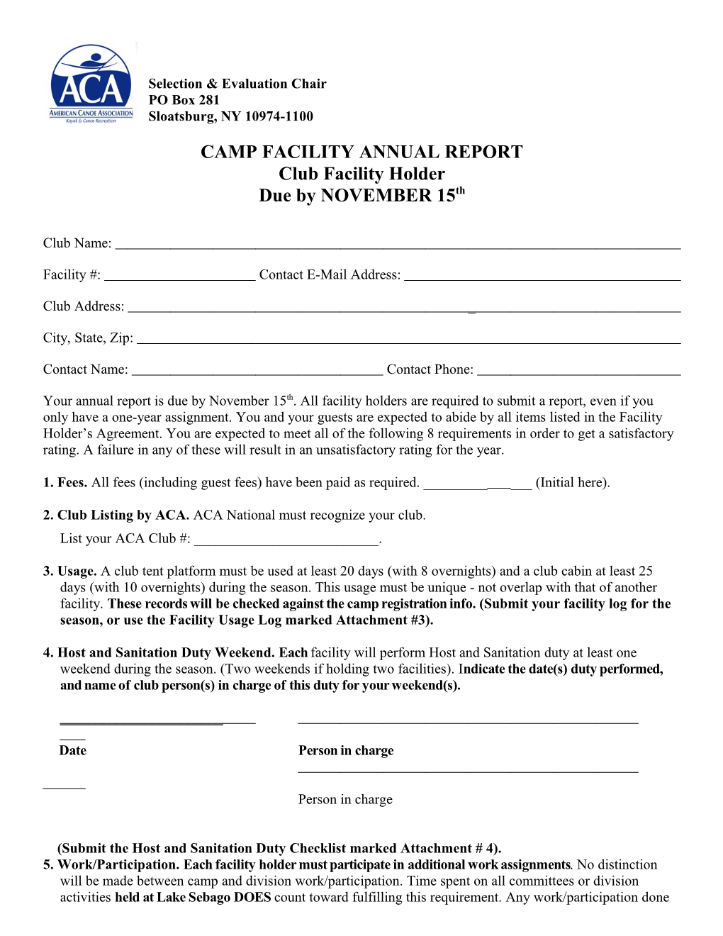 Camp Facility Annual Report