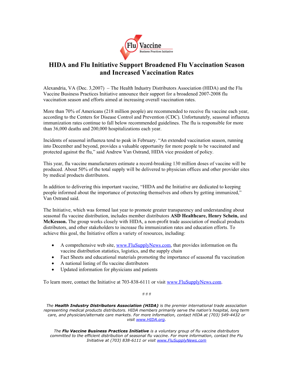 HIDA and Flu Initiative Support Broadened Flu Vaccination Season and Increased Vaccination