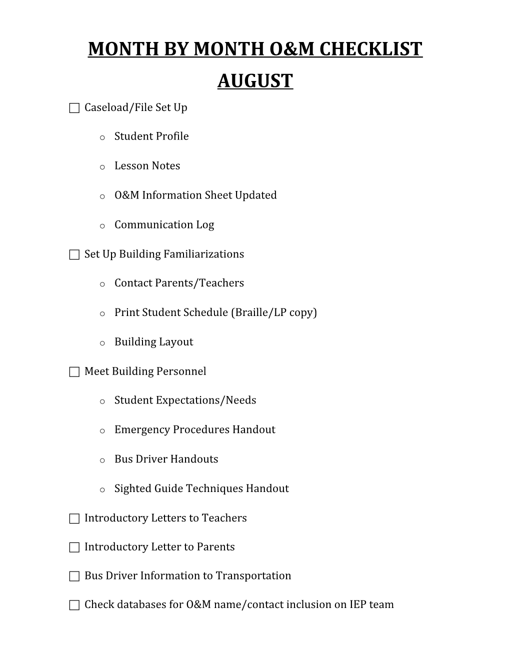 Month by Month O&M Checklist