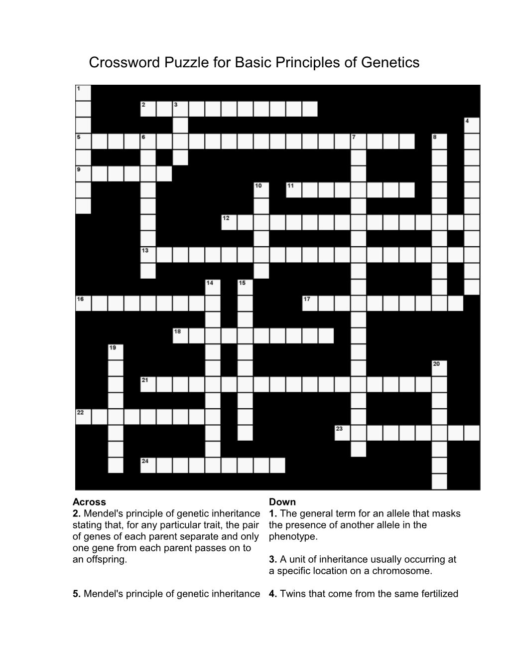 Crossword Puzzle for Basic Principles of Genetics