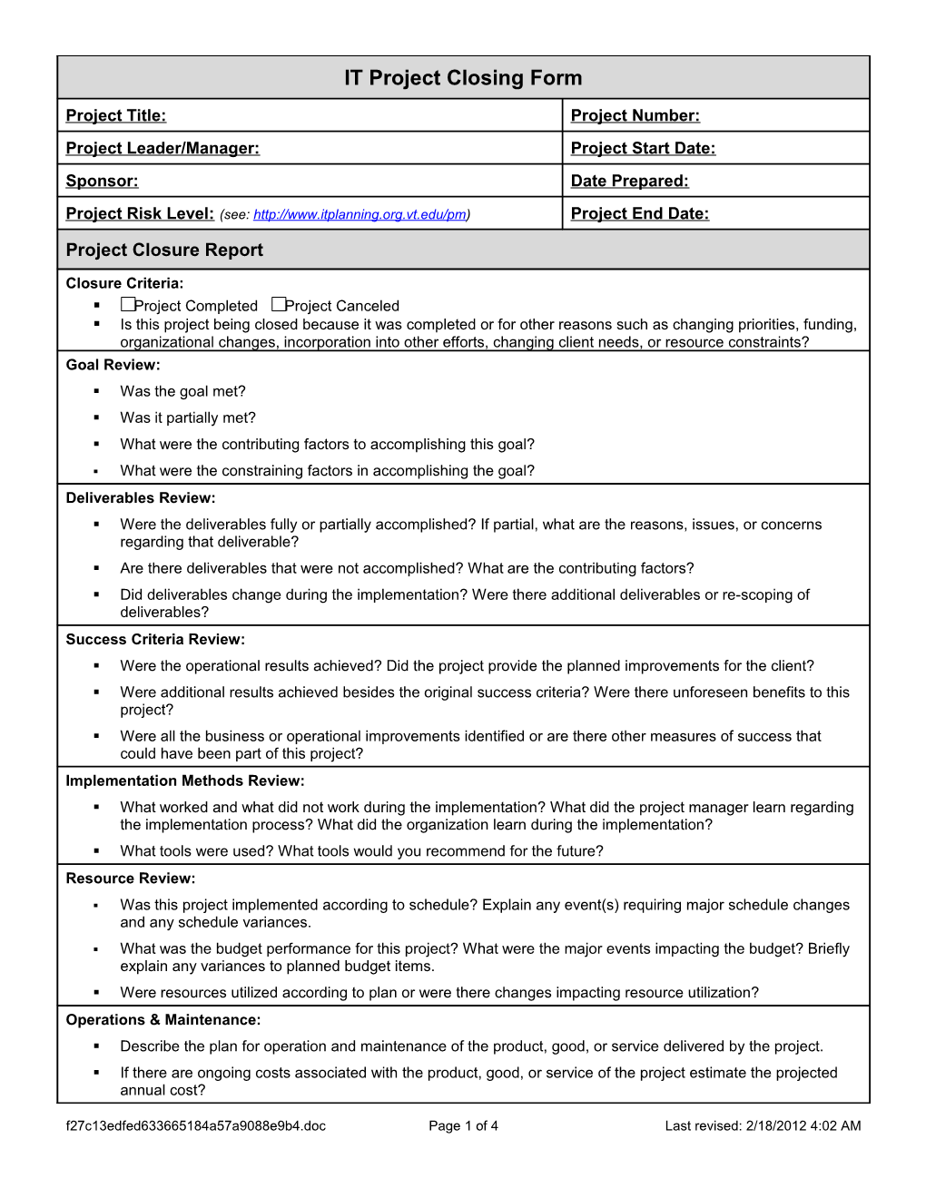 IT Project Closing Form