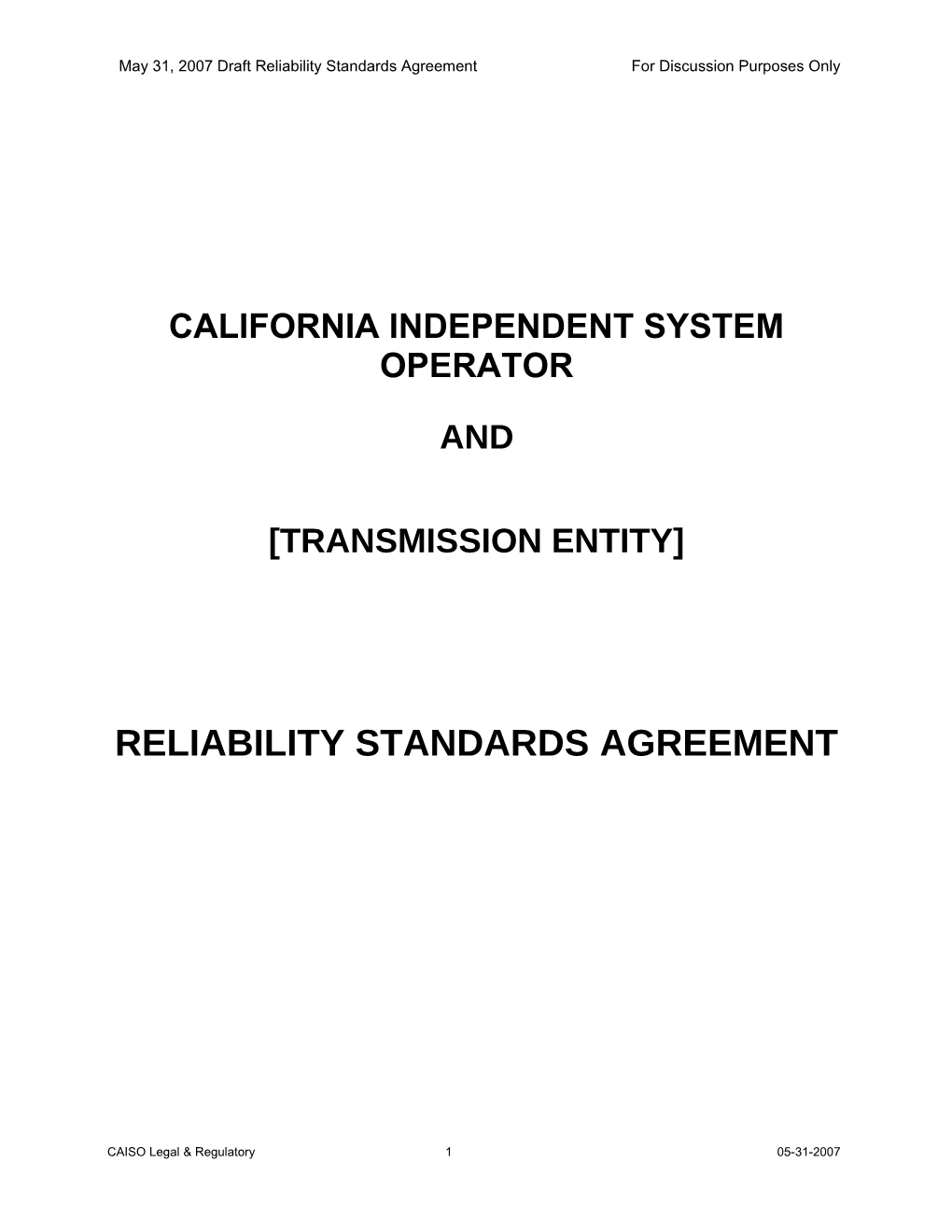 Draft Reliability Standards Pro Forma Agreement