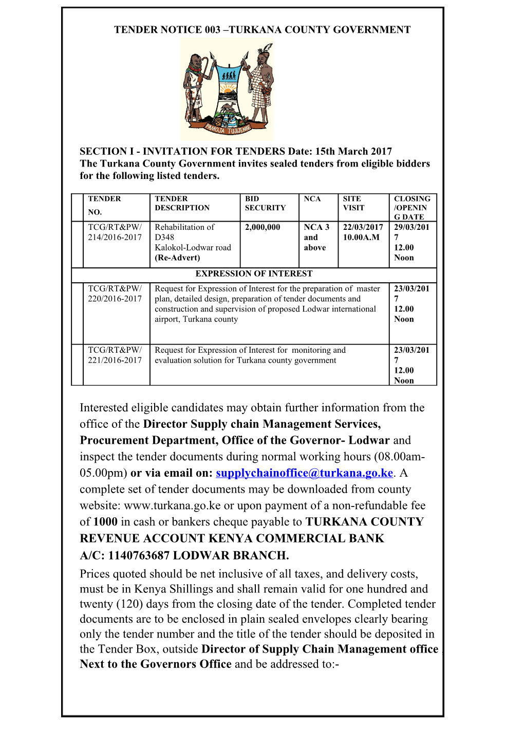 Tender Notice 003 Turkana County Government