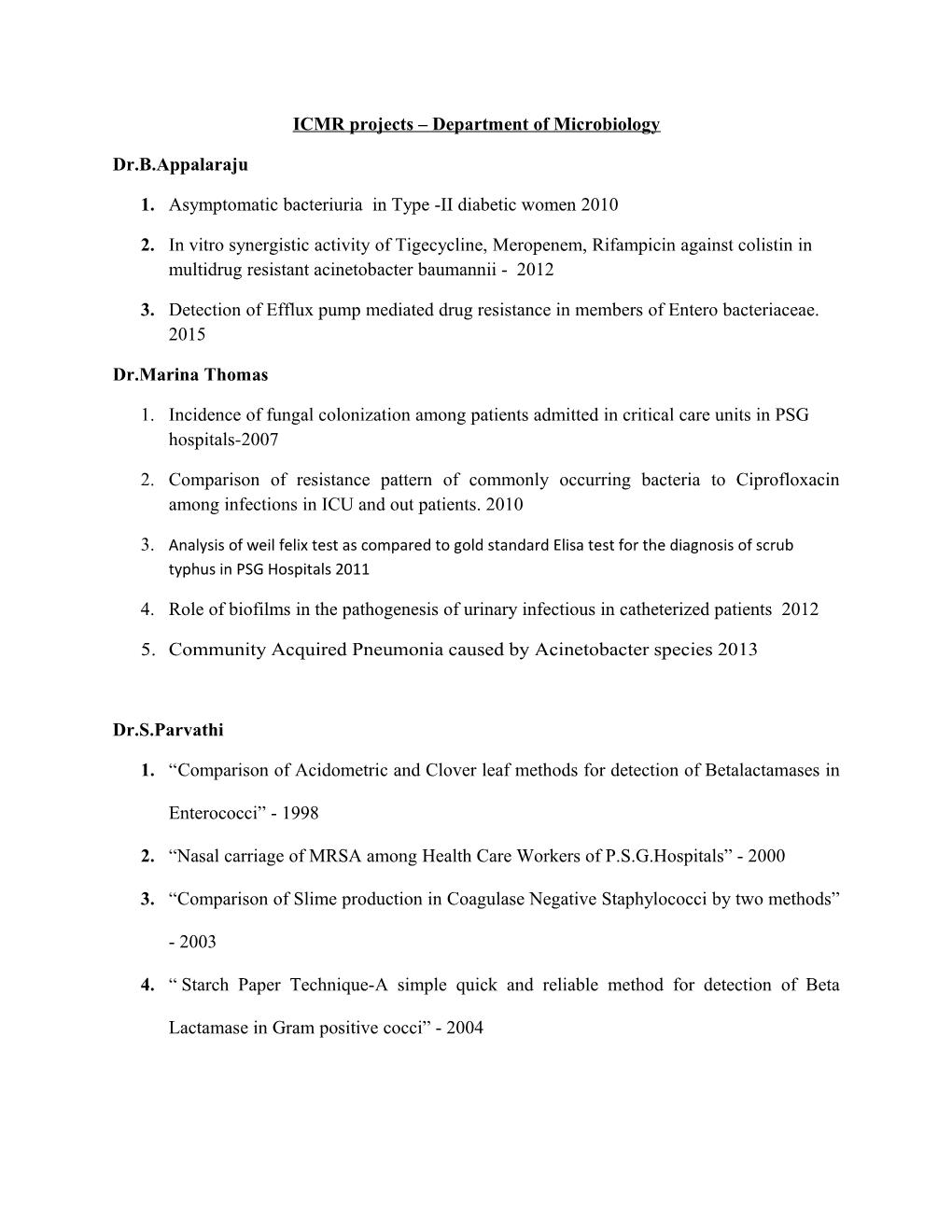 ICMR Projects Department of Microbiology