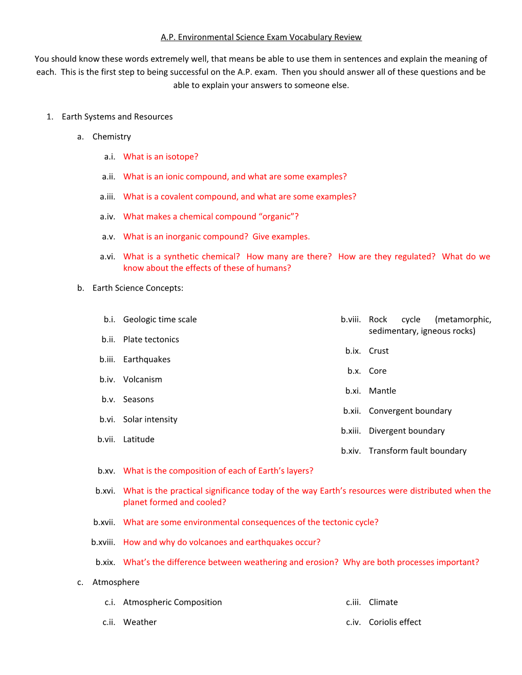 A.P. Environmental Science Exam Vocabulary Review