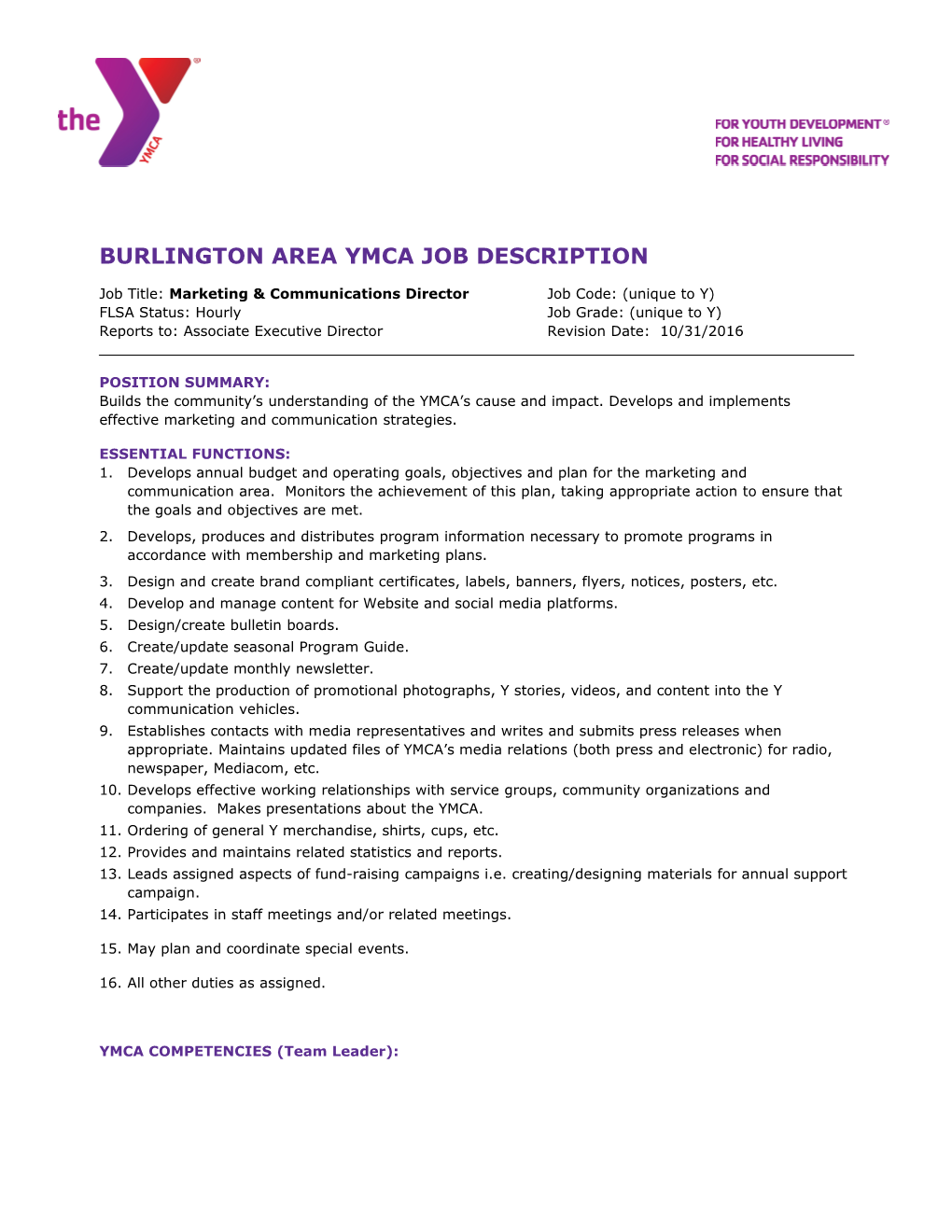 Burlington Area YMCA Job Description