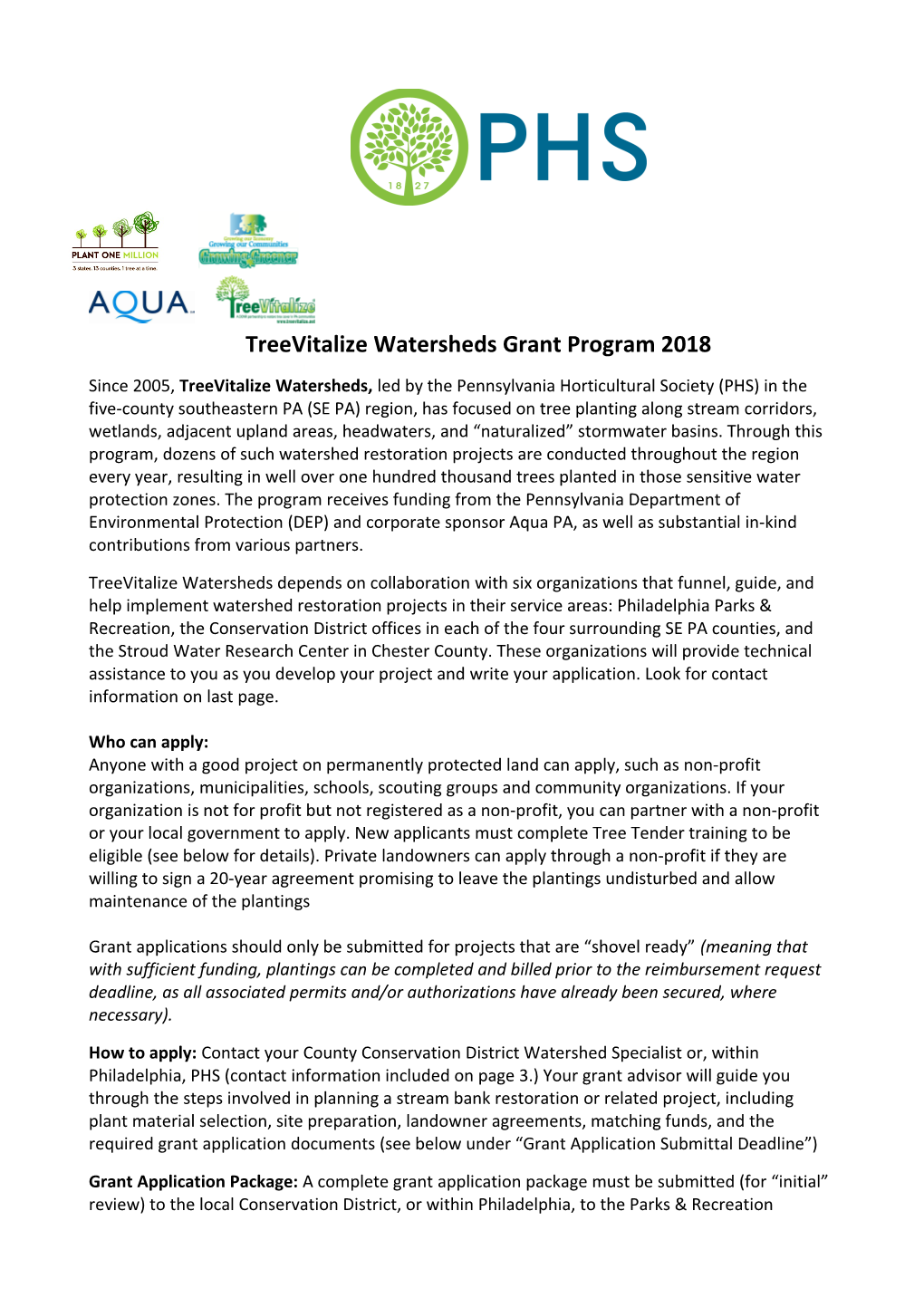 Treevitalize Watersheds Grant Program 2018