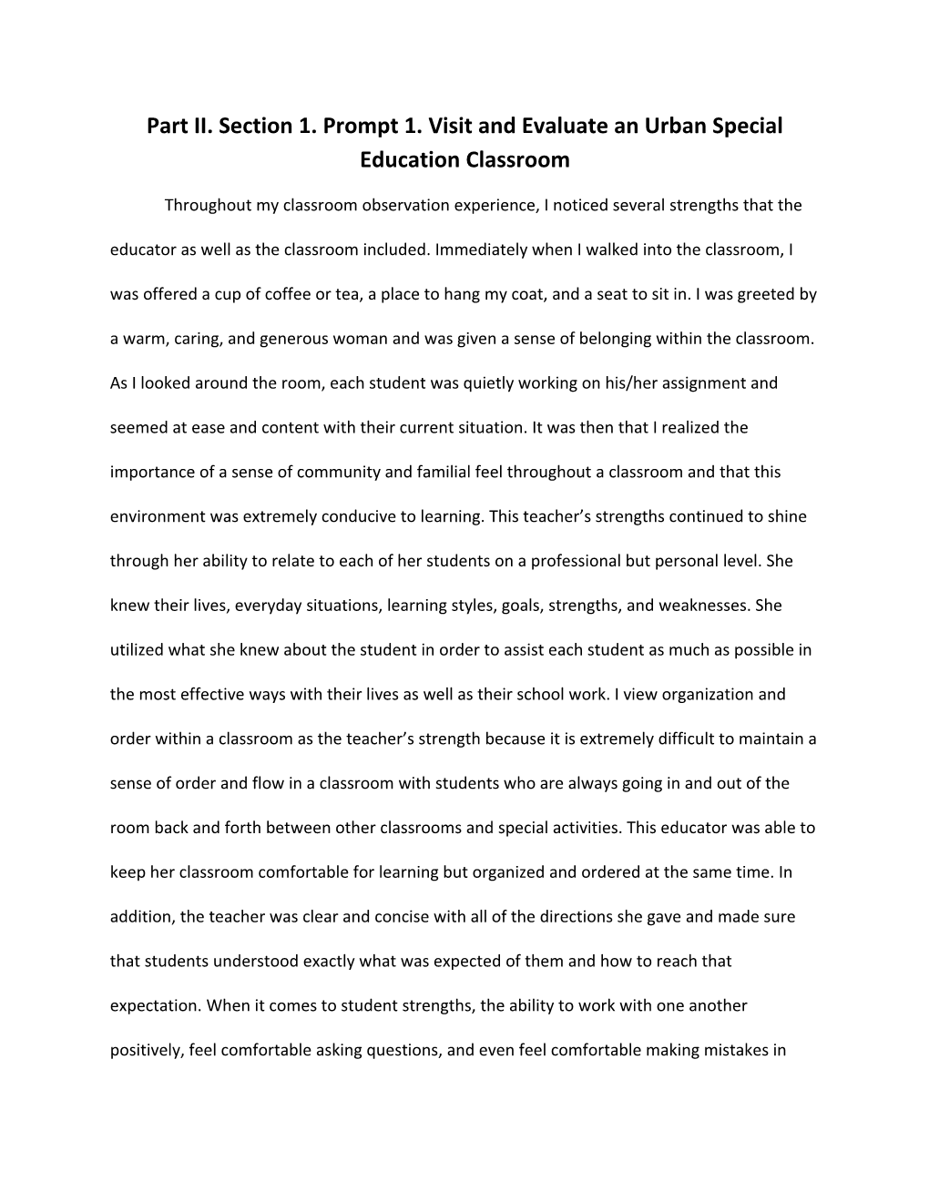 Part II. Section 1. Prompt 1. Visit and Evaluate an Urban Special Education Classroom