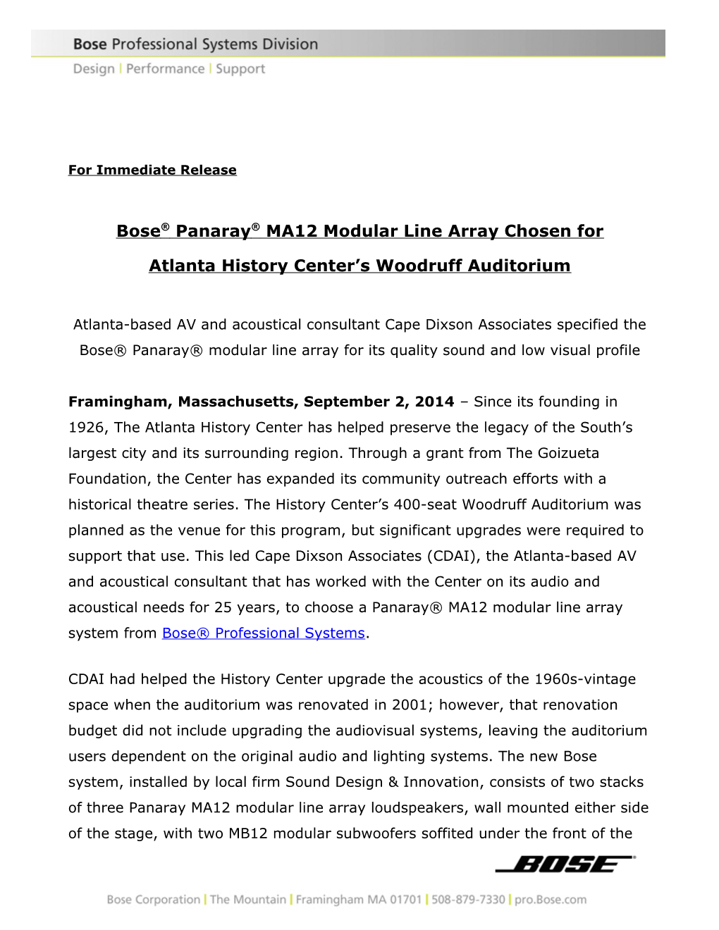 Bose Panaray MA12 Modular Line Array Chosen For