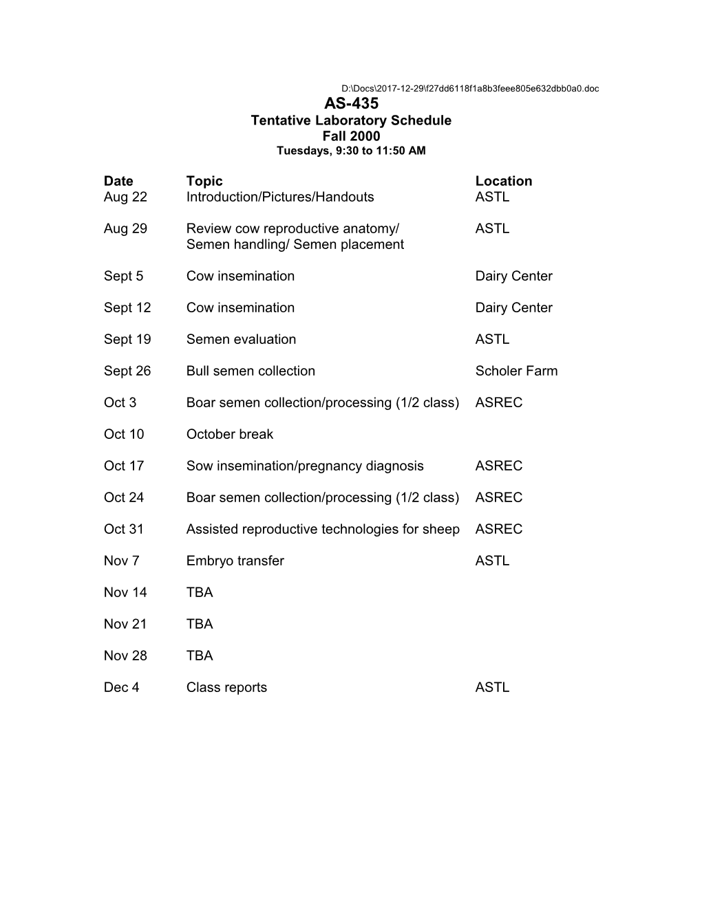 Tentative Laboratory Schedule
