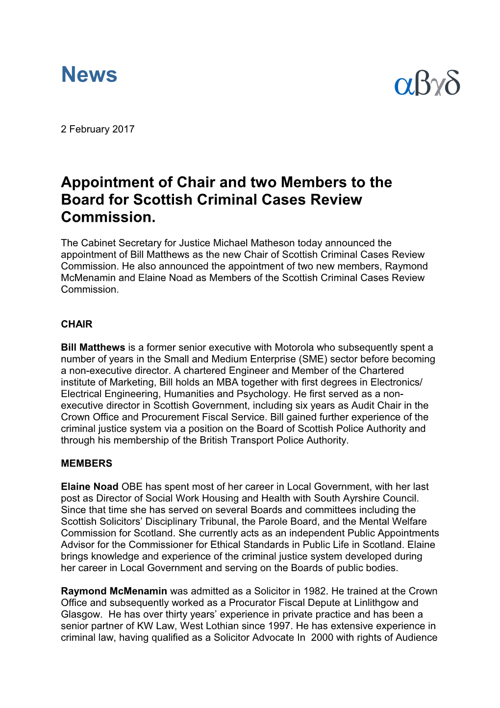 Appointment of Chair and Two Members to the Board for Scottish Criminal Cases Review