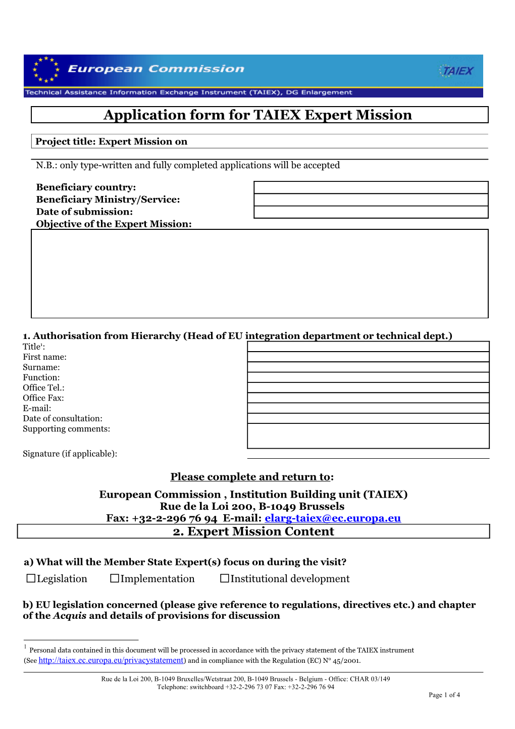Application Form for TAIEX Expert Mission