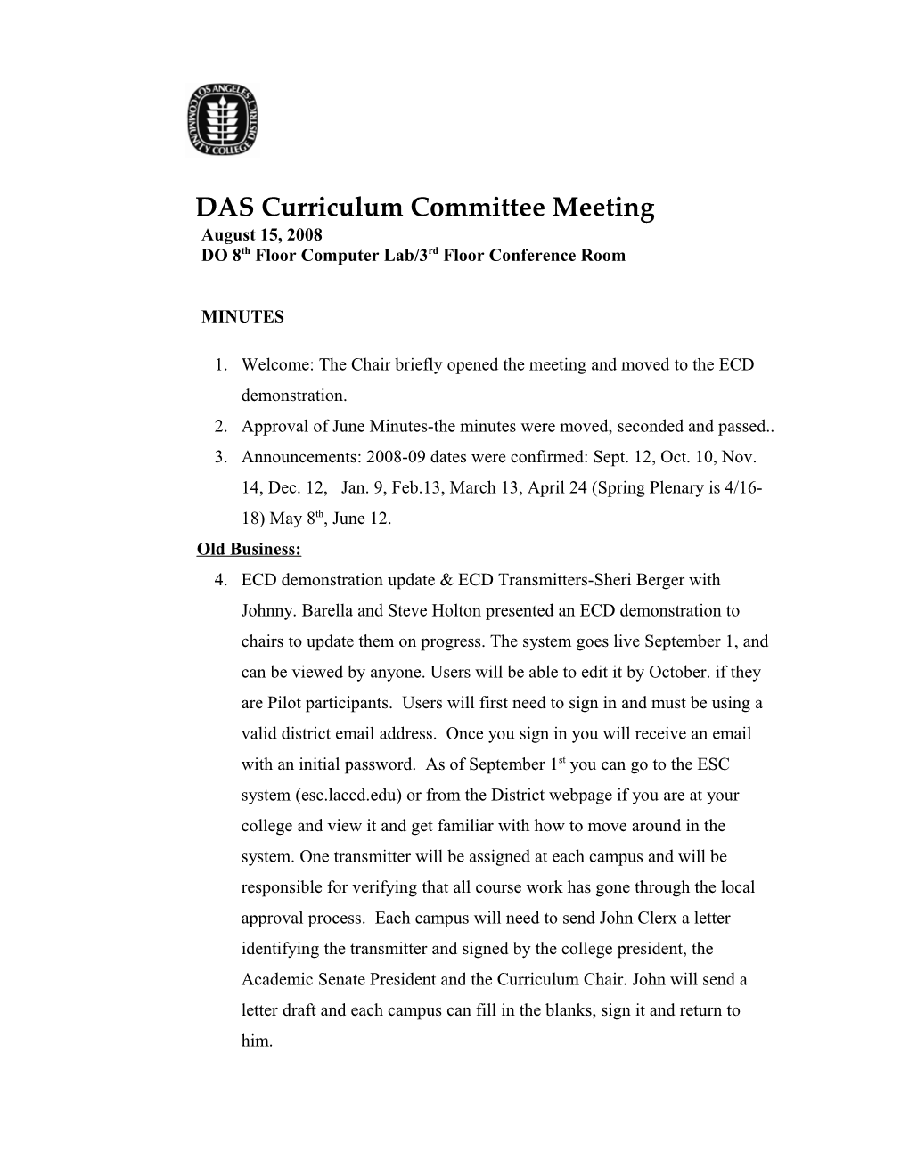DAS Curriculum Committee Meeting