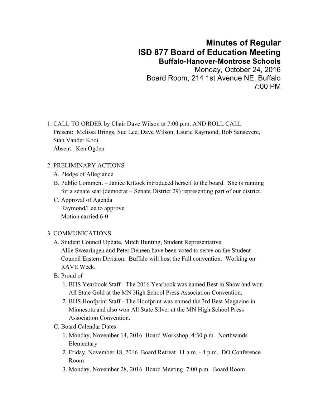 ISD 877 Board of Education Meeting