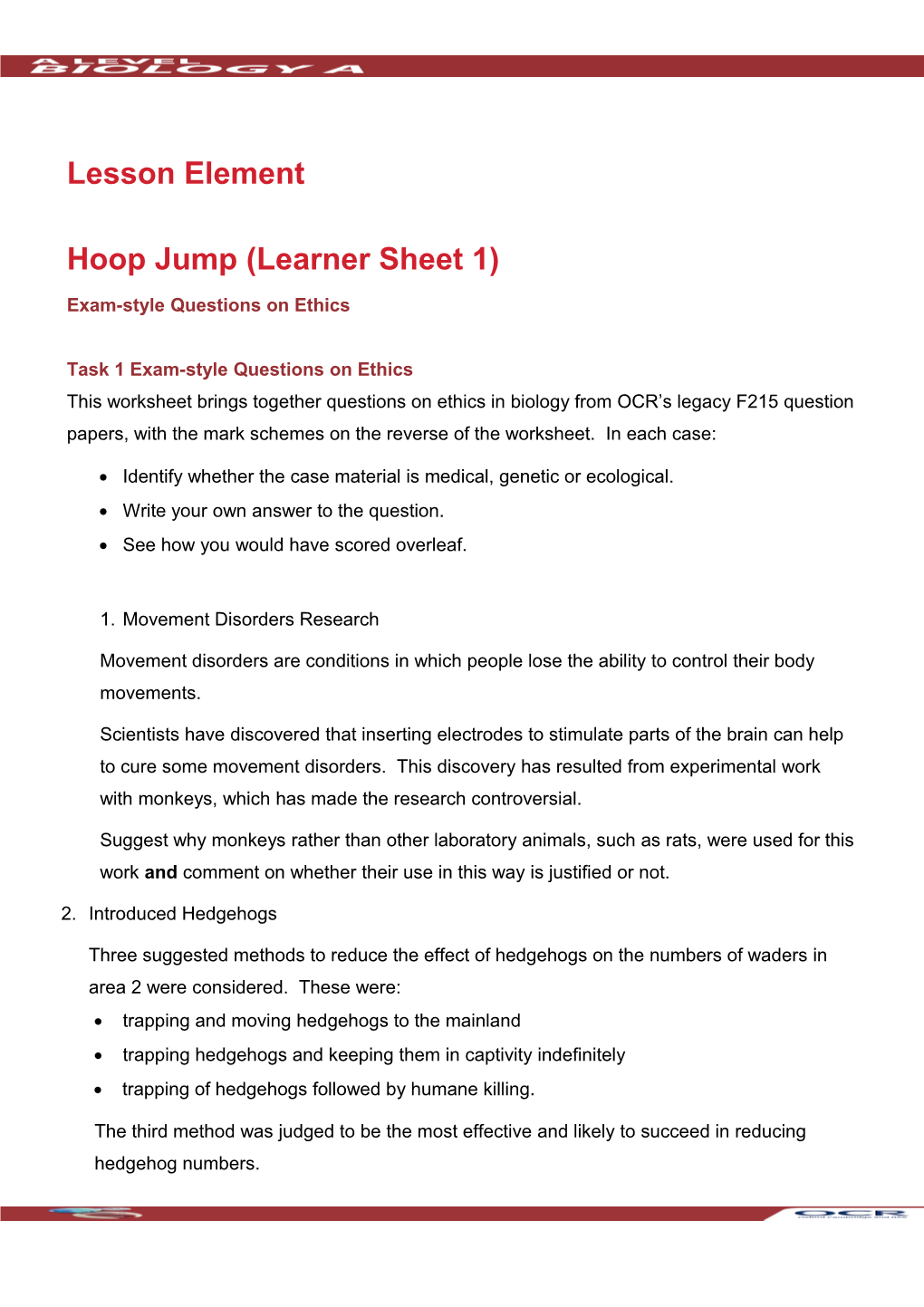 A Level Biology B Lesson Element (Hoop Jump Learner Sheet 1)
