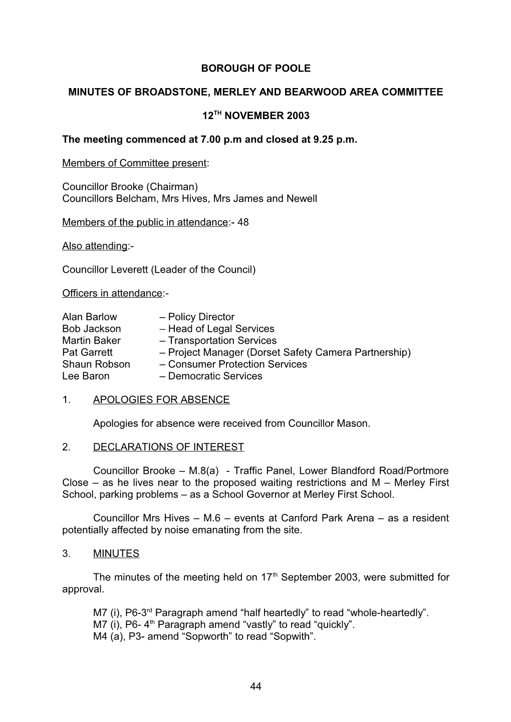 Minutes - Broadstone, Merley and Bearwood Area Committee - 12 November 2003