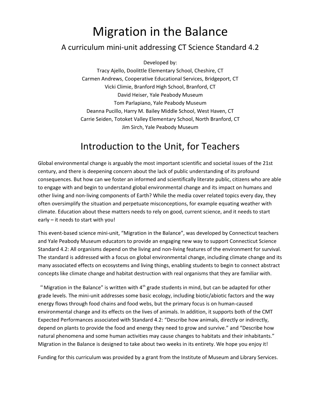 A Curriculum Mini-Unit Addressing CT Science Standard 4.2