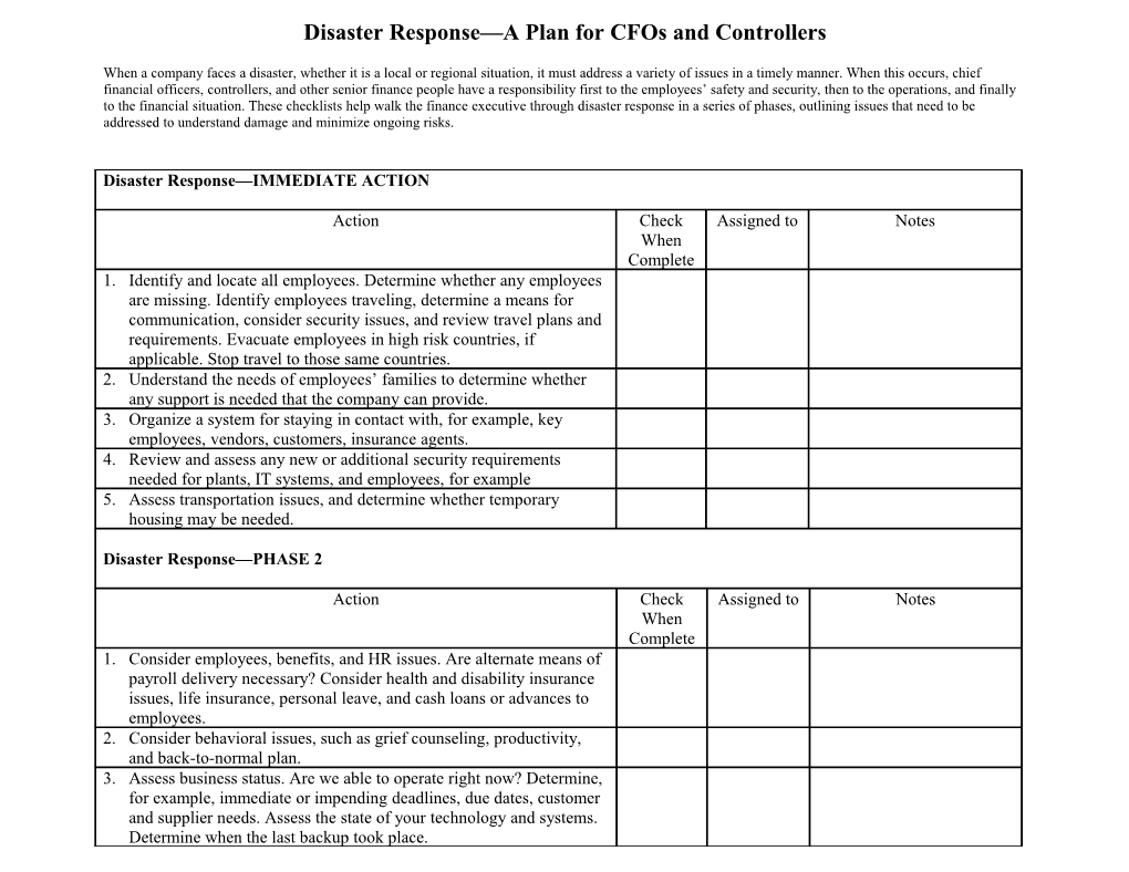 Disaster Recovery Response Checklist