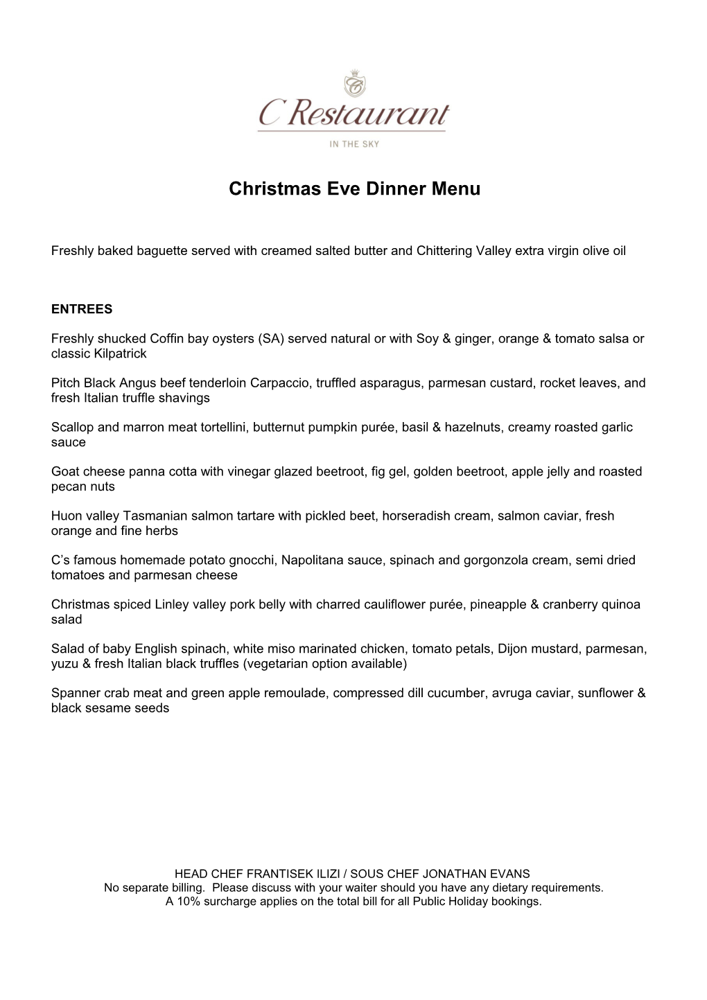 Christmas Eve Dinner Menu