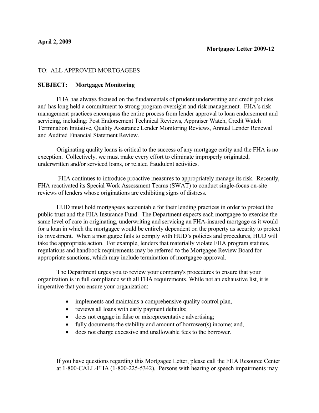 Mortgagee Letter 2009-12