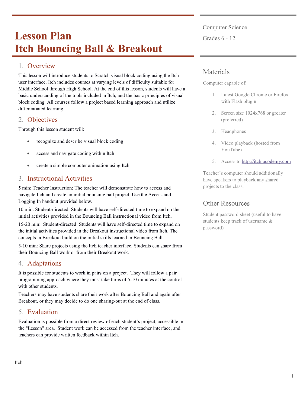 Lesson Plan Itch Bouncing Ball & Breakout