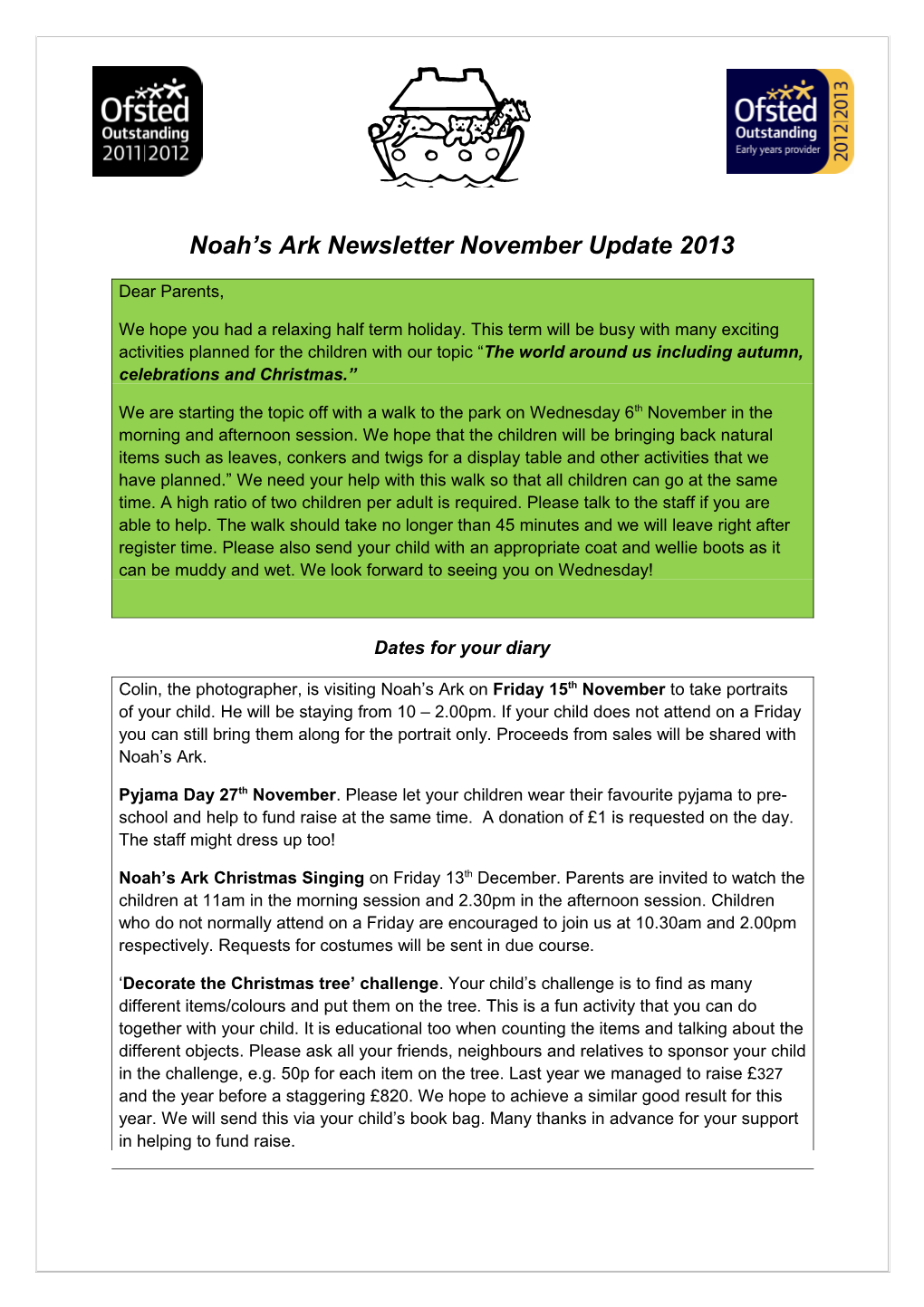 Noah S Ark Newsletter November Update 2013