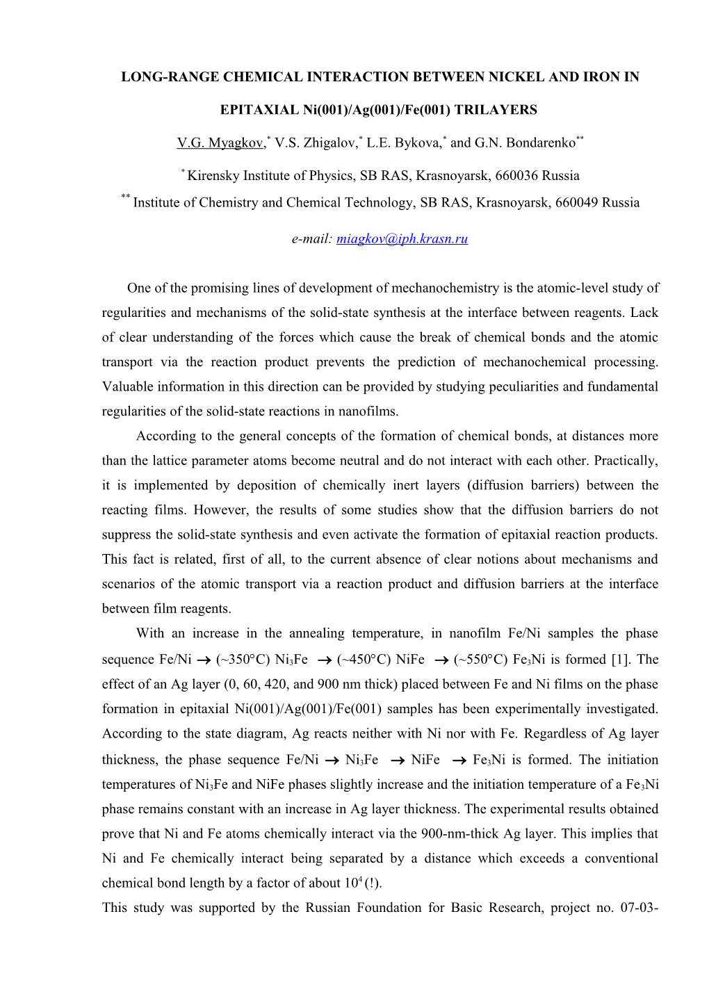 LONG-RANGE CHEMICAL INTERACTION BETWEEN NICKEL and IRON in EPITAXIAL Ni(001)/Ag(001)/Fe(001)