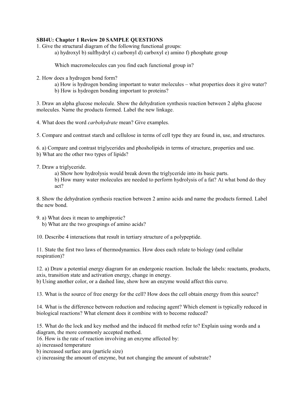 SBI4U: Chapter 1 Review 20 SAMPLE QUESTIONS