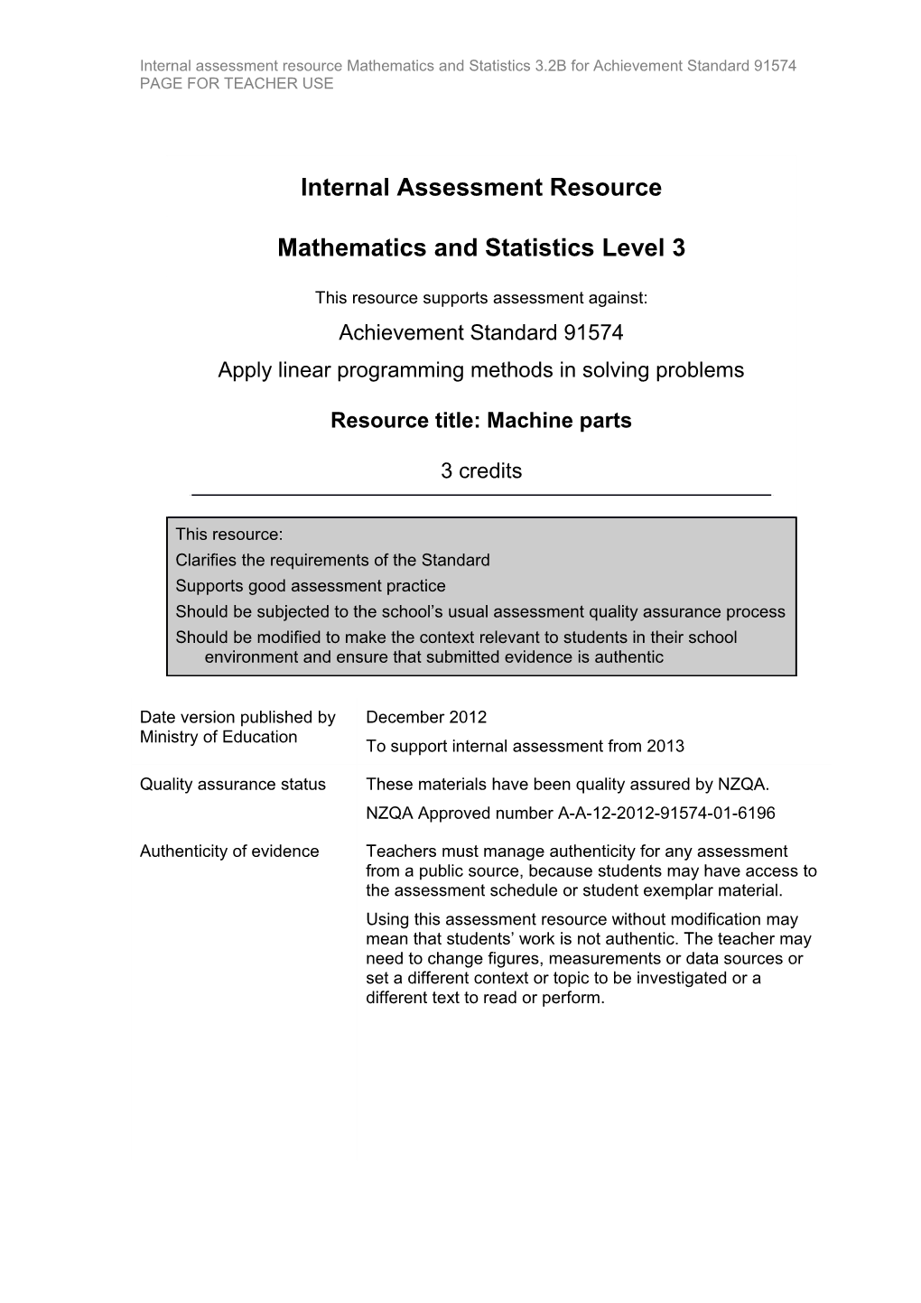 Level 3 Mathematics and Statistics Internal Assessment Resource s1