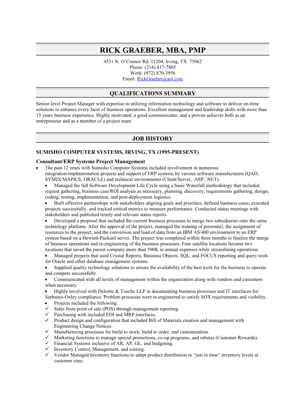 Resume of Rick Graeber