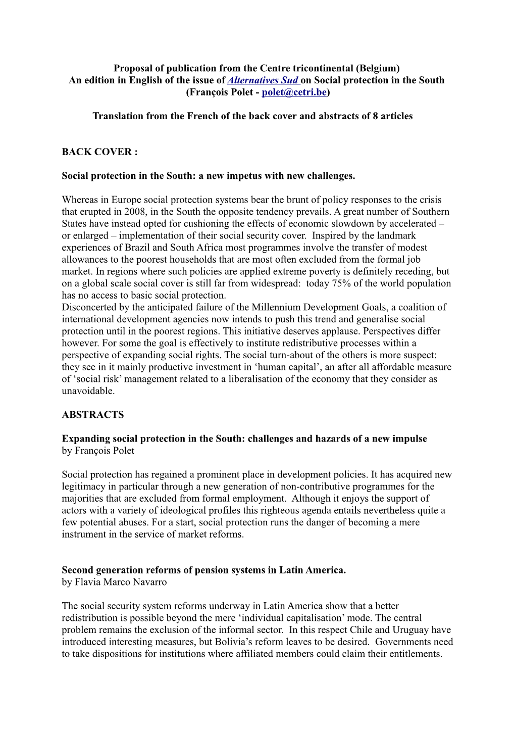 Proposal of Publication from the Centre Tricontinental (Belgium)