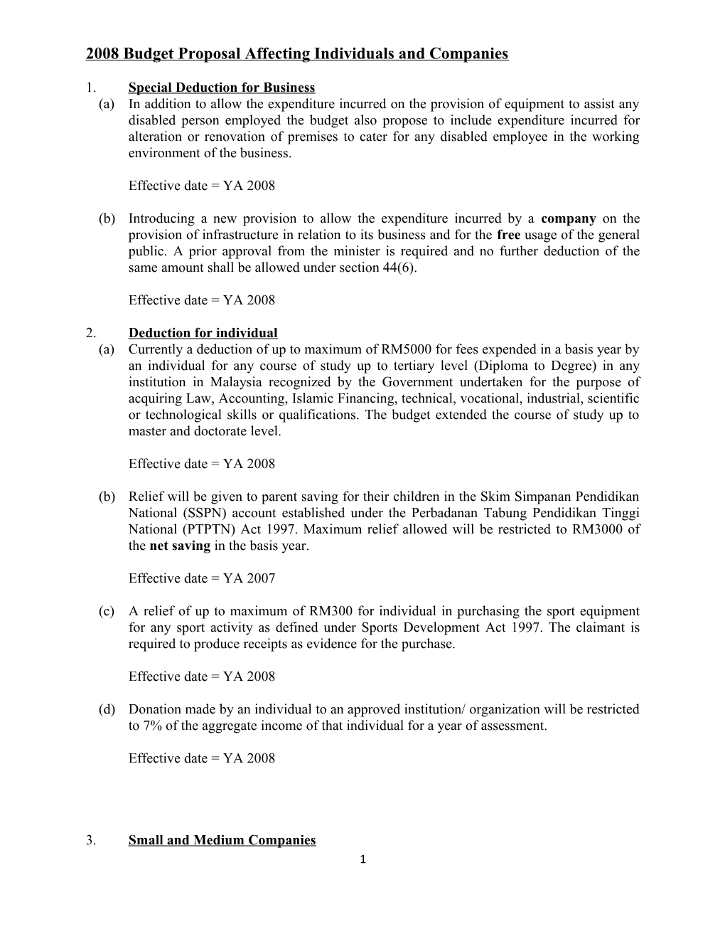 2008 Budget Proposal Affecting Individuals and Companies