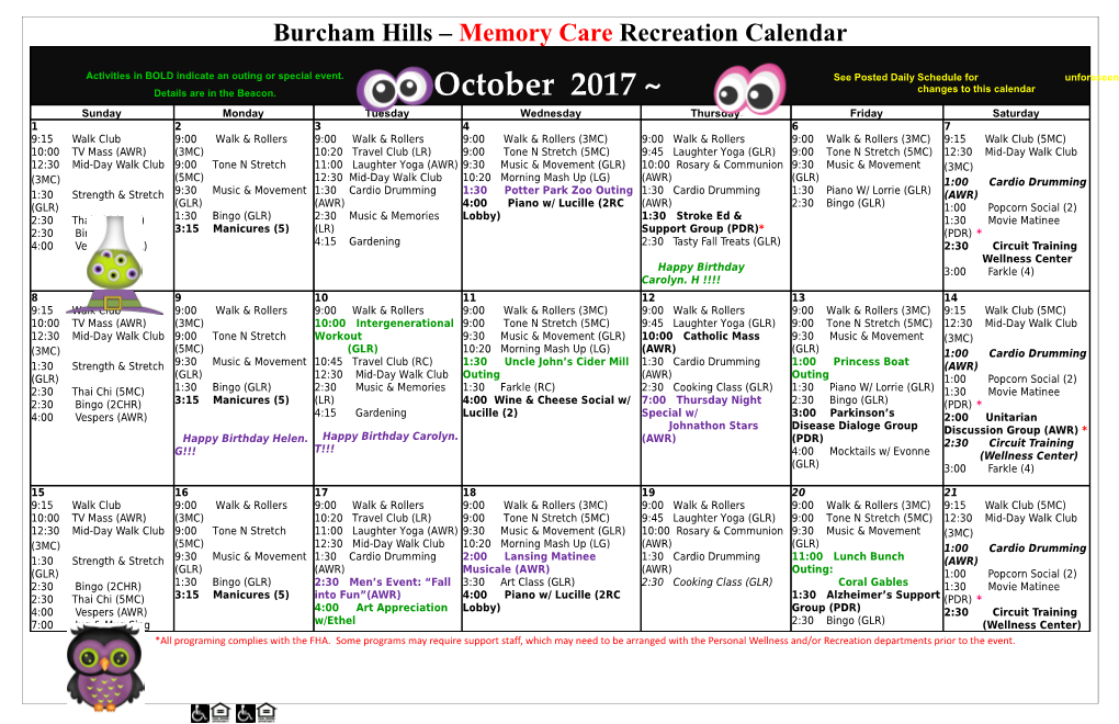 Burcham Hills Memory Care Recreation Calendar