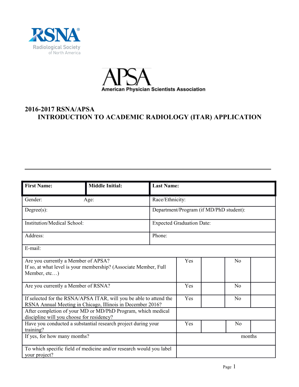 Introduction to Academic Radiology (Itar) Application