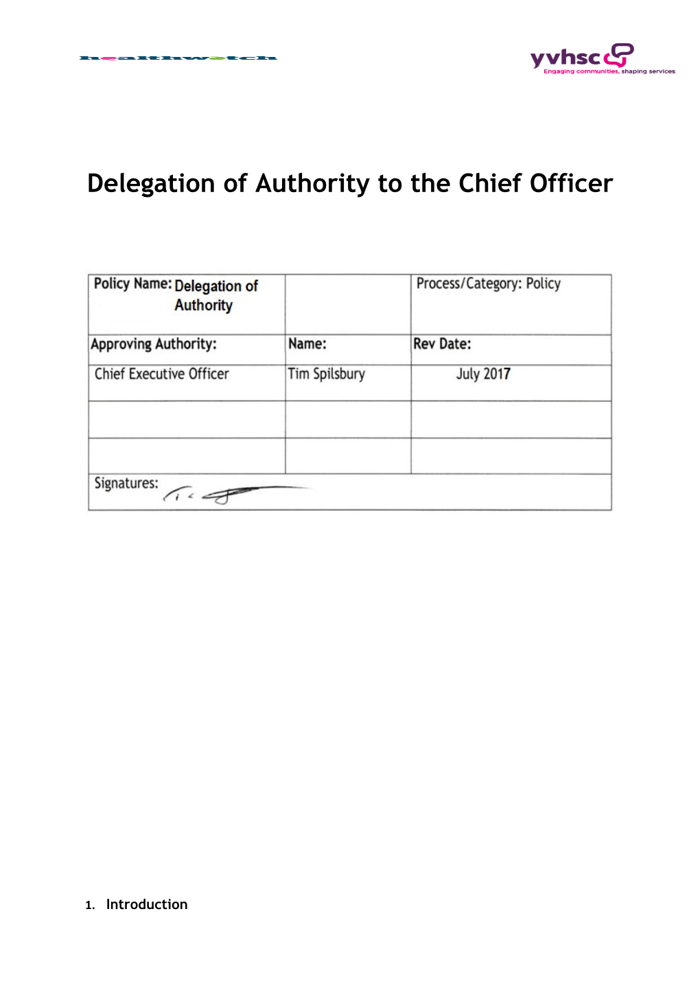 Delegation of Authorityto the Chief Officer