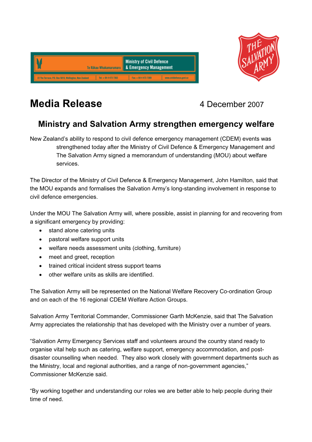 Ministry and Salvation Army Strengthen Emergency Welfare
